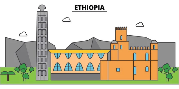 Etiopía contorno horizonte de la ciudad, ilustración lineal, bandera, hito de viaje, silueta de edificios, vector — Vector de stock