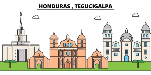 Honduras, Tegucigalpa esboço skyline cidade, ilustração linear, bandeira, marco de viagem, silhueta de edifícios, vetor —  Vetores de Stock