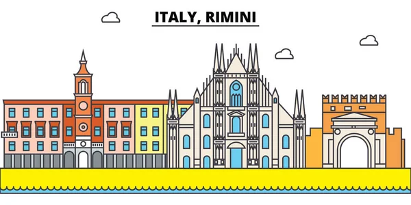 Italië, de skyline van de stad van de omtrek van de Rimini, lineaire afbeelding, banner, travel landmark, gebouwen silhouet, vector — Stockvector