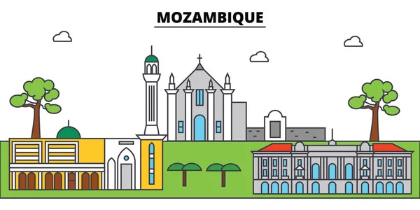 Mozambique contorno horizonte de la ciudad, ilustración lineal, bandera, punto de referencia de viaje, silueta de edificios, vector — Vector de stock
