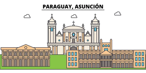 Paraguay, Asunción contorno horizonte de la ciudad, ilustración lineal, bandera, punto de referencia de viaje, silueta de edificios, vector — Vector de stock