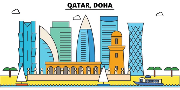Qatar, Doha contorno horizonte de la ciudad, ilustración lineal, bandera, hito de viaje, silueta de edificios, vector — Vector de stock