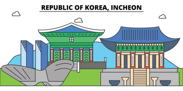 Güney Kore, Incheon anahat şehir manzarası, doğrusal illüstrasyon, afiş, seyahat Simgesel Yapı, binalara siluet, vektör — Stok Vektör