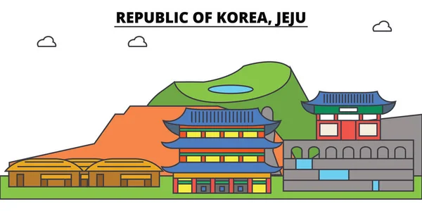 Güney Kore, Jeju anahat şehir manzarası, doğrusal illüstrasyon, afiş, seyahat Simgesel Yapı, binalara siluet, vektör — Stok Vektör