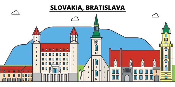 Slovensko, Bratislava osnovy městské panorama, lineární obrázek, banner, cestovní mezník, budovy, vektor — Stockový vektor