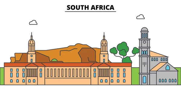 Sudáfrica contorno horizonte de la ciudad, ilustración lineal, bandera, hito de viaje, silueta de edificios, vector — Vector de stock