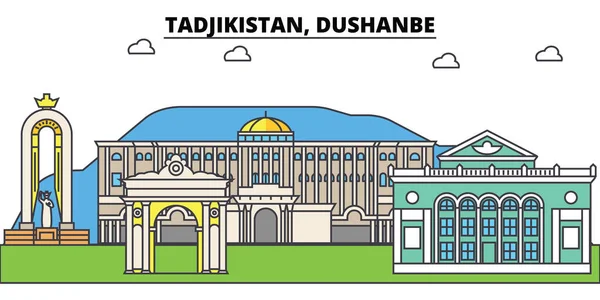 Tayikistán, Dushanbe contorno horizonte de la ciudad, ilustración lineal, bandera, punto de referencia de viaje, silueta de edificios, vector — Vector de stock