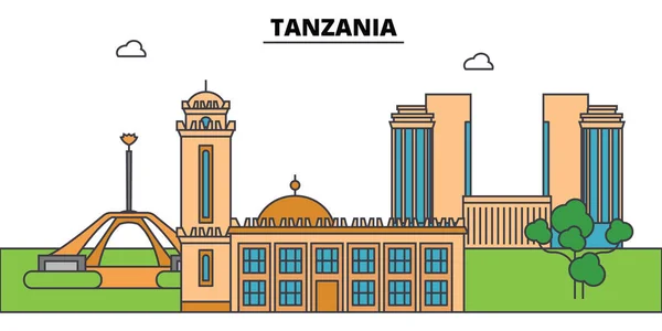 Tanzania contorno horizonte de la ciudad, ilustración lineal, bandera, punto de referencia de viaje, silueta de edificios, vector — Vector de stock