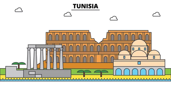 튀니지 개요 도시 스카이 라인, 선형 삽화, 배너, 여행 랜드마크, 건물 실루엣, 벡터 — 스톡 벡터