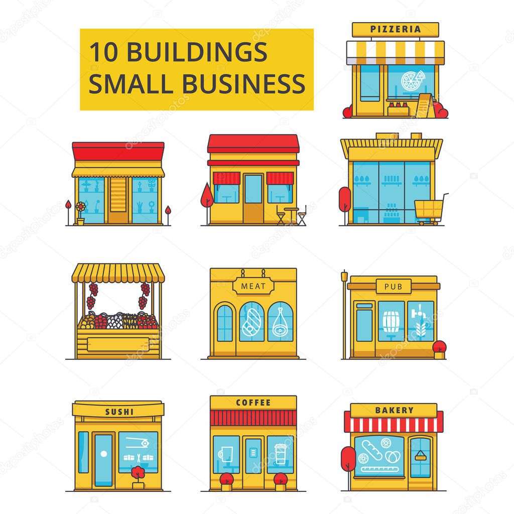 Small business buildings illustration, thin line icons, linear flat signs, outline pictograms, vector symbols set, editable strokes