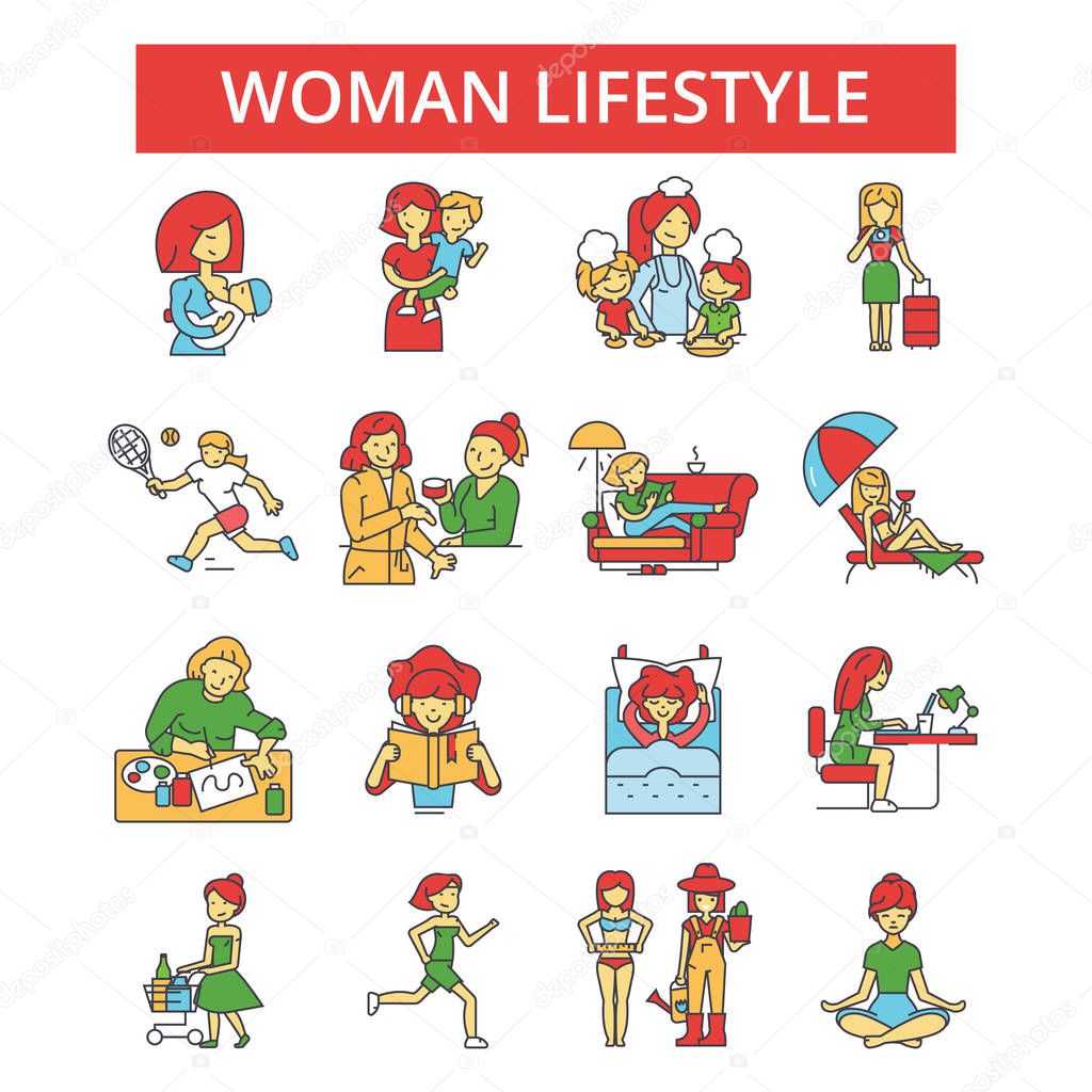 Woman lifestyle illustration, thin line icons, linear flat signs, outline pictograms, vector symbols set, editable strokes