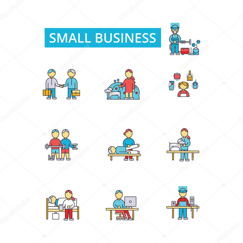 Small business illustration, thin line icons, linear flat signs, vector symbols, outline pictograms set, editable strokes
