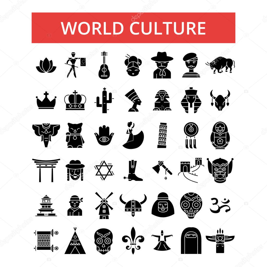 World culture illustration, thin line icons, linear flat signs, vector symbols, outline pictograms set, editable strokes