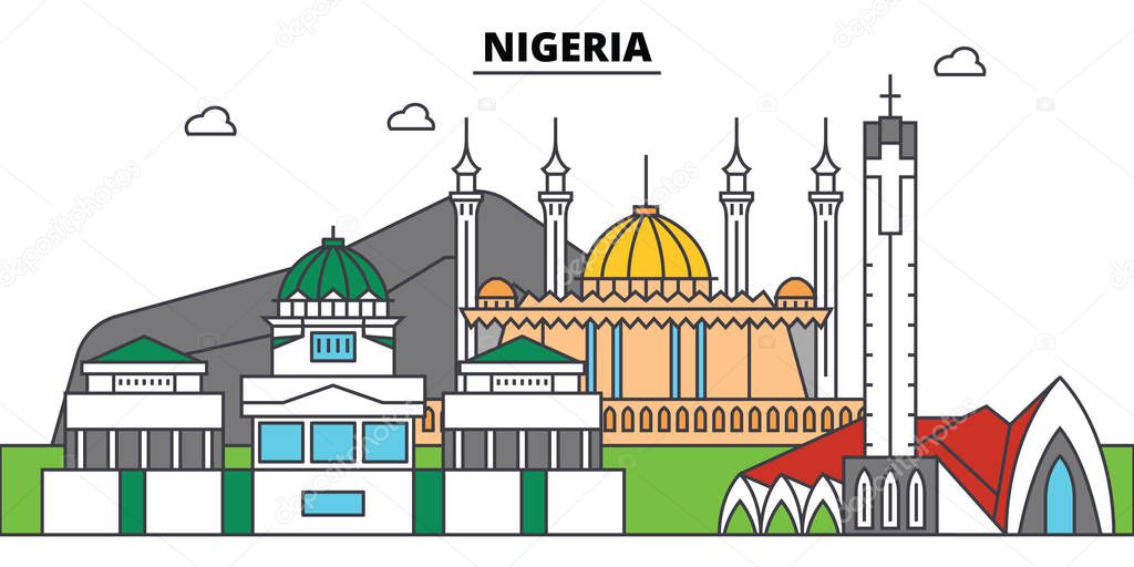 Nigeria outline city skyline, linear illustration, line banner, travel landmark, buildings silhouette,vector