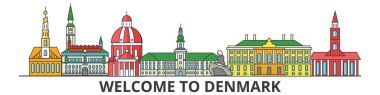 Danimarka anahat manzarası, Danimarkalı düz ince çizgi simgeler, yerler, Resimler. Danimarka cityscape, Danimarka Şehir vektör afiş seyahat. Kentsel silueti