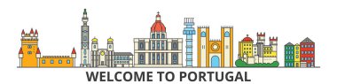 Portekiz anahat manzarası, Portekizce düz ince çizgi simgeler, yerler, Resimler. Portekiz cityscape, Portekizce şehir vektör afiş seyahat. Kentsel silueti
