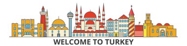 Türkiye'de anahat manzarası, Türk düz ince çizgi simgeler, yerler, Resimler. Türkiye cityscape, Türk seyahat şehir vektör banner. Kentsel silueti