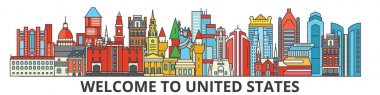 Amerika Birleşik Devletleri anahat manzarası, Amerikan düz ince çizgi simgeleri, yerler, Resimler. Amerika Birleşik Devletleri cityscape, Amerikan seyahat şehir vektör banner. Kentsel silueti
