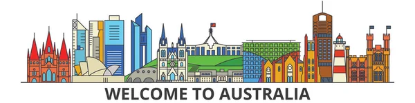 Australia outline skyline, australian flat thin line icons, landmarks, illustrations. Australia cityscape, australian travel city vector banner. Urban silhouette — Stock Vector