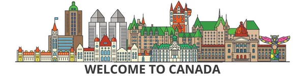 Canadá contorno horizonte, iconos de línea delgada plana canadiense, puntos de referencia, ilustraciones. Canada cityscape, Canadian travel city vector banner. Silueta urbana — Vector de stock