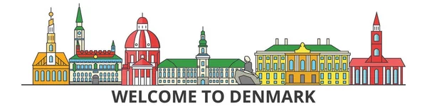 Dinamarca contorno horizonte, iconos de línea delgada plana danesa, puntos de referencia, ilustraciones. Dinamarca paisaje urbano, bandera danesa viaje ciudad vector. Silueta urbana — Archivo Imágenes Vectoriales