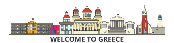 Griechenland umreißen Skyline, griechische flache dünne Linie Symbole, Sehenswürdigkeiten, Illustrationen. griechisches Stadtbild, griechisches Reisevektorbanner. Stadtsilhouette — Stockvektor