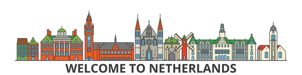 Overzicht skyline van Nederland, Nederlandse plat dunne lijn pictogrammen, monumenten, illustraties. Nederland stadsgezicht, Nederlands reizen stad vector banner. Stedelijk silhouet — Stockvector