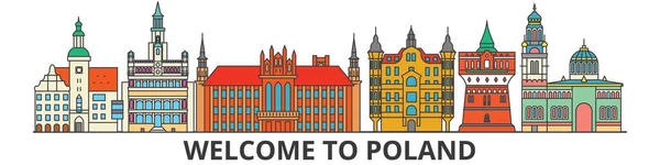 Poland outline skyline, polish flat thin line icons, landmarks, illustrations. Poland cityscape, polish travel city vector banner. Urban silhouette — Stock Vector