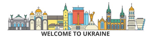 Ukraine outline skyline, ukranian flat thin line icons, landmarks, illustrations. Ukraine cityscape, ukranian travel city vector banner. Urban silhouette