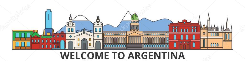 Argentina outline skyline, argentinian flat thin line icons, landmarks, illustrations. Argentina cityscape, argentinian travel city vector banner. Urban silhouette