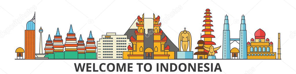 Indonesia outline skyline, indonesian flat thin line icons, landmarks, illustrations. Indonesia cityscape, indonesian travel city vector banner. Urban silhouette