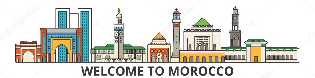 Morocco outline skyline, Moroccan flat thin line icons, landmarks, illustrations. Morocco cityscape, Moroccan travel city vector banner. Urban silhouette
