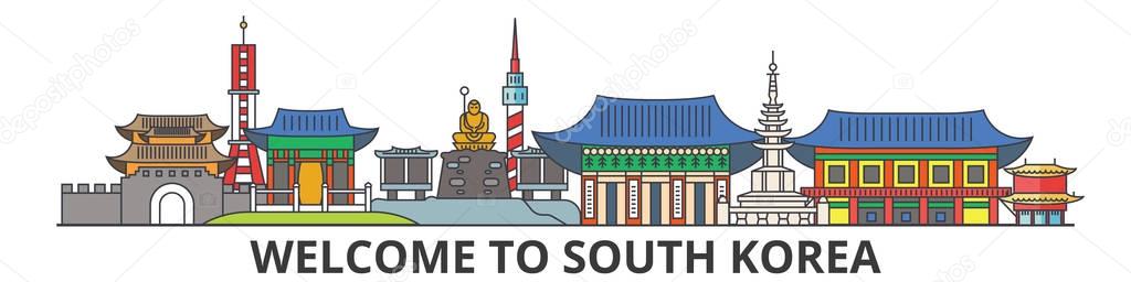 South Korea outline skyline, korean flat thin line icons, landmarks, illustrations. South Korea cityscape, korean travel city vector banner. Urban silhouette