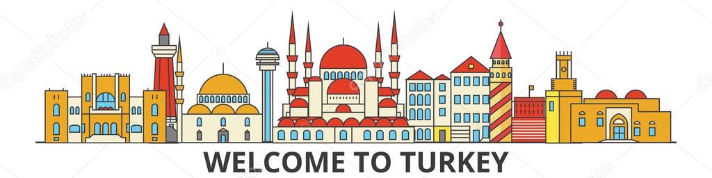 Turkey outline skyline, turkish flat thin line icons, landmarks, illustrations. Turkey cityscape, turkish travel city vector banner. Urban silhouette