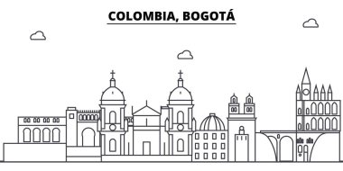 Kolombiya, Bogota mimari manzarası binalar, siluet, peyzaj, yerler anahat. Düzenlenebilir vuruş. Kentsel silüeti illüstrasyon. Düz tasarlamak vektör, hat kavramı