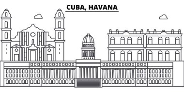 Küba, Havana Mimarlık manzarası binalar, siluet, peyzaj, yerler anahat. Düzenlenebilir vuruş. Kentsel silüeti illüstrasyon. Düz tasarlamak vektör, hat kavramı