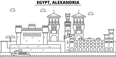 Mısır, Alexandria mimari manzarası binalar, siluet, peyzaj, yerler anahat. Düzenlenebilir vuruş. Kentsel silüeti illüstrasyon. Düz tasarlamak vektör, hat kavramı