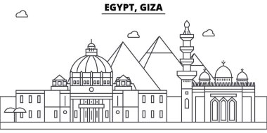 Mısır, Giza mimari manzarası binalar, siluet, peyzaj, yerler anahat. Düzenlenebilir vuruş. Kentsel silüeti illüstrasyon. Düz tasarlamak vektör, hat kavramı