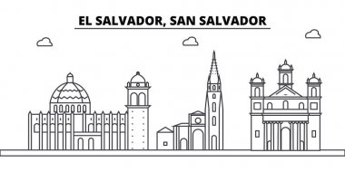 El Salvador, San Salvador mimari manzarası binalar, siluet, peyzaj, yerler anahat. Düzenlenebilir vuruş. Kentsel silüeti illüstrasyon. Düz tasarlamak vektör, hat kavramı