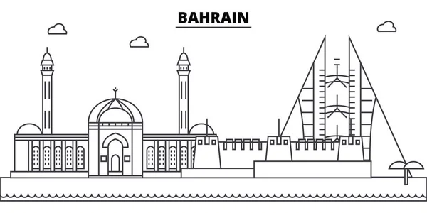Bahréin arquitectura edificios skyline, silueta, contorno paisaje, puntos de referencia. Golpes editables. Ilustración del skyline urbano. Diseño plano vector, concepto de línea — Vector de stock