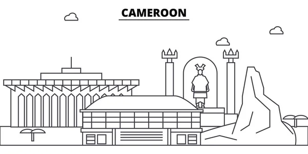 Camerún arquitectura edificios skyline, silueta, contorno paisaje, puntos de referencia. Golpes editables. Ilustración del skyline urbano. Diseño plano vector, concepto de línea — Vector de stock