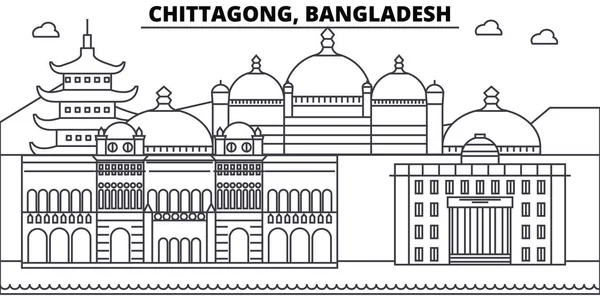 Chittagong, Bangladesh het platform skyline gebouwen, silhouet, een overzicht van landschap, bezienswaardigheden. Bewerkbare lijnen. Illustratie van de skyline van de stad. Platte ontwerp vector, lijn concept — Stockvector