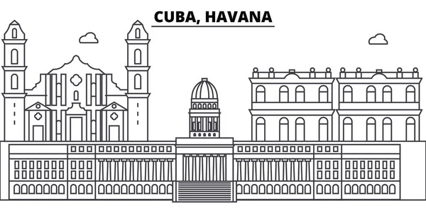 Κούβα, Αβάνα αρχιτεκτονικής κτίρια στον ορίζοντα, σιλουέτα, περίγραμμα τοπίο, σημεία ενδιαφέροντος. Επεξεργάσιμη εγκεφαλικά επεισόδια. Εικονογράφηση αστικό ορίζοντα. Επίπεδη σχεδίαση διάνυσμα, γραμμή έννοια — Διανυσματικό Αρχείο