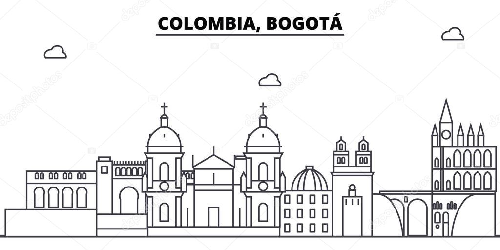 Colombia, Bogota architecture skyline buildings, silhouette, outline landscape, landmarks. Editable strokes. Urban skyline illustration. Flat design vector, line concept