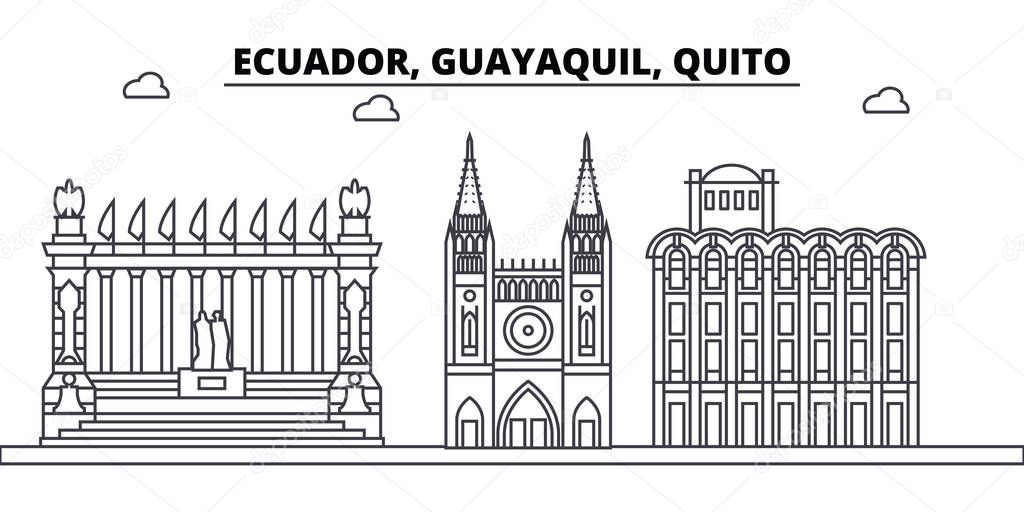 Ecuador, Guayaquil, Quito architecture skyline buildings, silhouette, outline landscape, landmarks. Editable strokes. Urban skyline illustration. Flat design vector, line concept