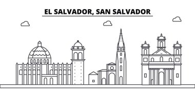 El Salvador, San Salvador mimari manzarası binalar, siluet, peyzaj, yerler anahat. Düzenlenebilir vuruş. Kentsel silüeti illüstrasyon. Düz tasarlamak vektör, hat kavramı
