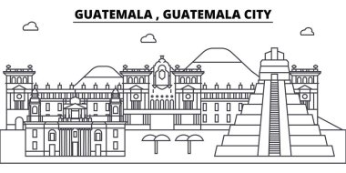 Guatemala, Guatemala City mimari manzarası binalar, siluet, peyzaj, yerler anahat. Düzenlenebilir vuruş. Kentsel silüeti illüstrasyon. Düz tasarlamak vektör, hat kavramı