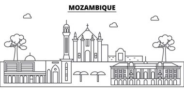Mozambik mimari manzarası binalar, siluet, anahat manzara, yerler. Düzenlenebilir vuruş. Kentsel silüeti illüstrasyon. Düz tasarlamak vektör, hat kavramı