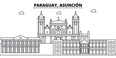Paraguay, Asuncion mimari manzarası binalar, siluet, peyzaj, yerler anahat. Düzenlenebilir vuruş. Kentsel silüeti illüstrasyon. Düz tasarlamak vektör, hat kavramı
