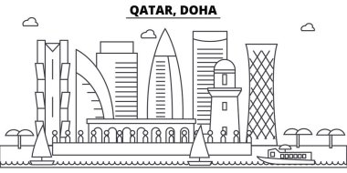 Katar, Doha mimari manzarası binalar, siluet, peyzaj, yerler anahat. Düzenlenebilir vuruş. Kentsel silüeti illüstrasyon. Düz tasarlamak vektör, hat kavramı